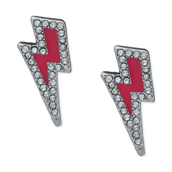 Karl Lagerfeld Paris Silver-Tone Pave Pink Fuchsia Lightning Bolt Stud Earrings - Picture 2 of 2